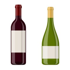Vector illustration of a red and white wine bottles isolated on white background. Alcoholic drink in flat cartoon style.