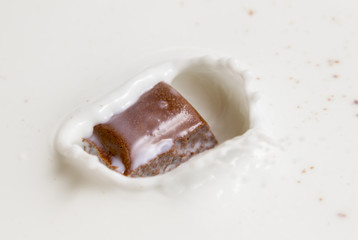 Chocolate falls in milk