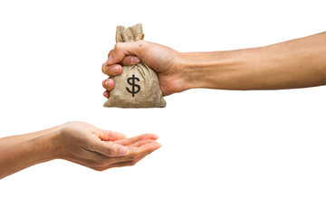 Man hand holding money bag and giving money to another person isolated on white background with...