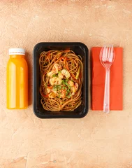 Gordijnen Pasta with vegetables and shrimps © Irina Burakova