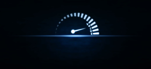 Speedometer with value word on blue light. Business concept