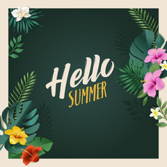 Hello summer vector illustration for background, mobile and social media banner, summertime card, party invitation template. Lettering summer concept with natural elements.
