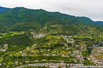 A picturesque medieval village Entrevaux in France as seen from the Citadel 