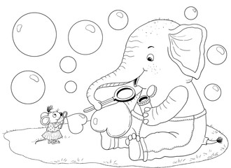 Cute and funny cartoon characters. Coloring page. Illustration for children