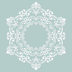 Oriental round white pattern with arabesques and floral elements. Traditional classic ornament. Vintage pattern with arabesques