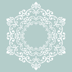 Oriental round white pattern with arabesques and floral elements. Traditional classic ornament. Vintage pattern with arabesques