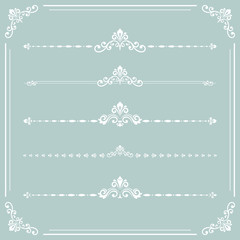 Vintage set of decorative elements. Horizontal white separators in the frame. Collection of different ornaments. Classic pattern. Set of vintage patterns