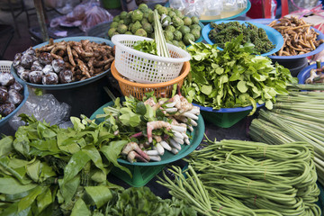 Ginger, tamarind, lime, pepper, beans, yardlong bean and vegetables sold in the market in the morning and Songkla, Thailand good for health and body