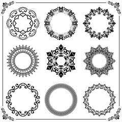 Vintage set of round elements. Different elements for decoration and design frames, cards, menus, backgrounds and monograms. Classic black and white patterns. Set of vintage patterns