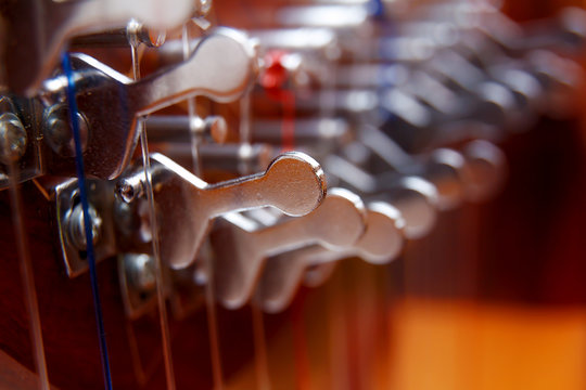 Irish Harp Music Instrument Closeup. Blur Background.