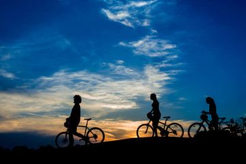 Fototapeta na wymiar Silhouettes of cyclists walking at sunset. People with bikes on evening sky background. Friends weekend and relax.