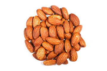 Pile of sweet almond nut  isolated on white background.