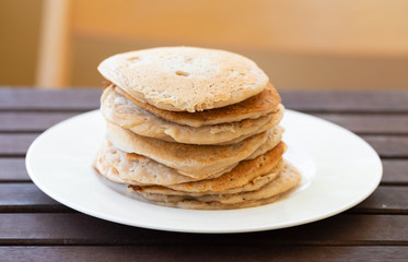 Close up of vegan buckwheat pancake tower 
