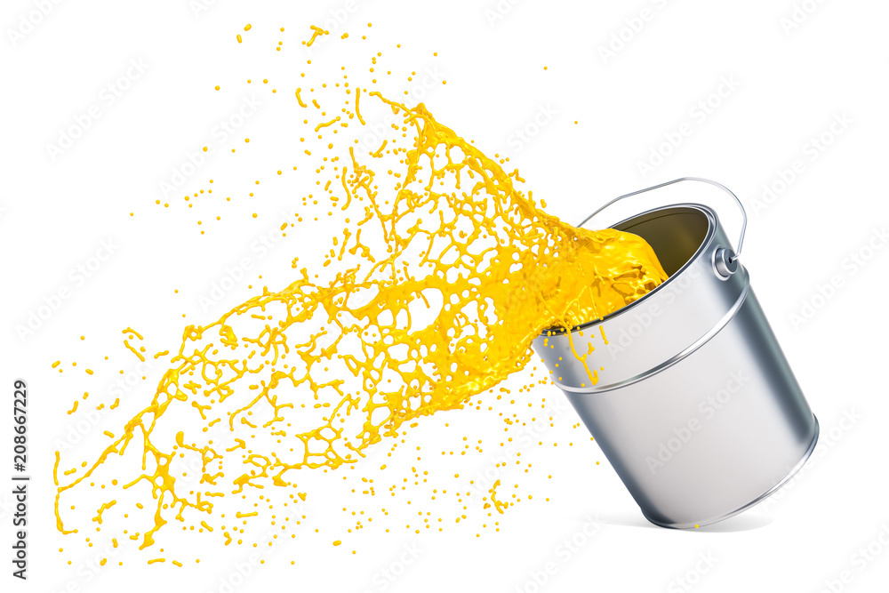 Poster yellow paint splashing out of can, 3d rendering