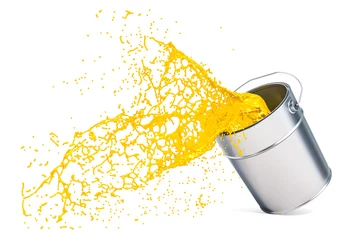 Gordijnen Yellow paint splashing out of can, 3D rendering © alexlmx