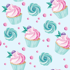 Cupcakes, candies, zephyrs on the mint background. Seamless pattern