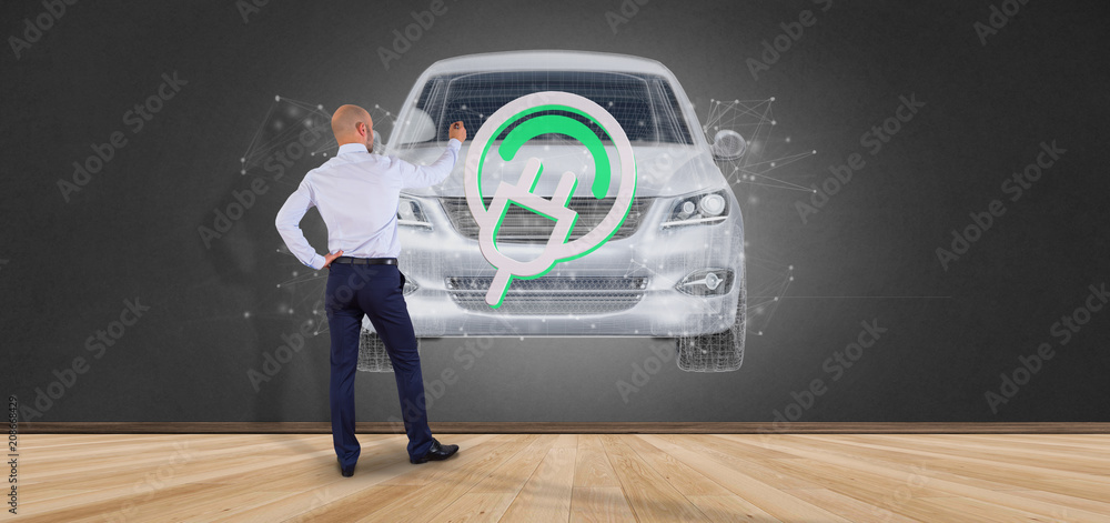Poster man holding a smartcar concept 3d rendering