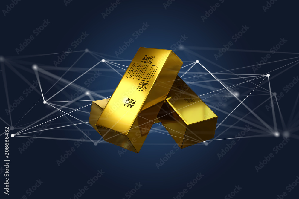 Poster gold bullion shinning in front of connection - 3d render
