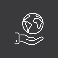 line save world, earth in hand icon on dark background