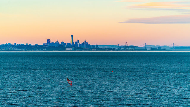 Windsurfing with San Francisco Skyline backdrop