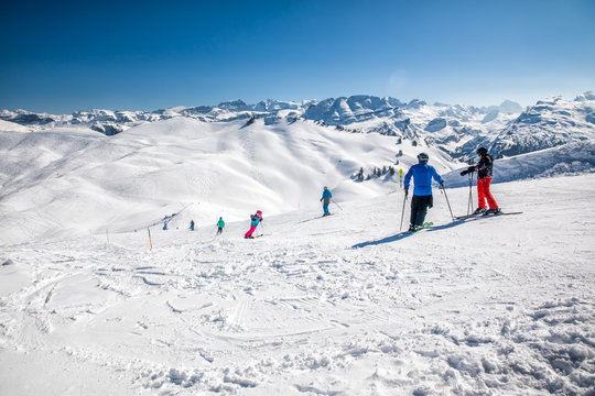  Beautiful winter landscape. People skiing in Hoch Ybrig ski resort, Switzerland, Europe