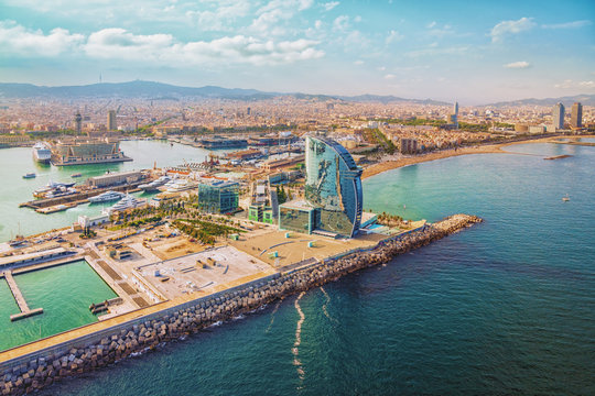 Fototapeta Barcelona aerial, city skyline panorama and the beach, Spain