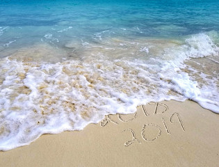 New Year 2019 sign in tropical beach sand with turquoise ocean