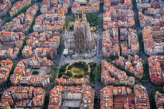 Aerial view of Eixample residencial district and Sagrada Familia Basilica, Barcelona, Spain