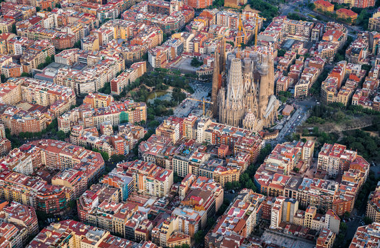Aerial view of Eixample residencial district and Sagrada Familia Basilica, Barcelona, Spain