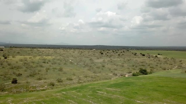 vista a&eacute;rea de verde llanura y al fondo bosque de el pardo desde vuelo de drone