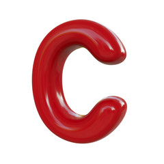 Glossy red letter C. 3D render of balloon font isolated on white background
