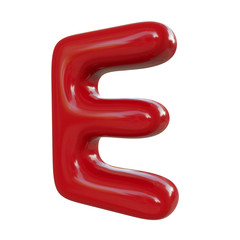 Glossy red letter E. 3D render of balloon font isolated on white background