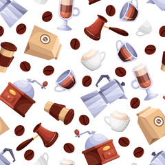 Coffee shop vector seamless white pattern. Cartoon flat illustration. Textile print background design elements