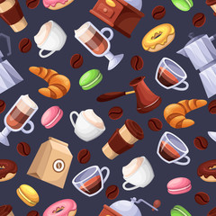 Fototapeta na wymiar Coffee shop vector seamless black pattern. Cartoon flat illustration. Textile print background design elements