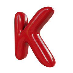 Glossy red letter K. 3D render of balloon font isolated on white background