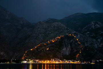 Twilight view of old fortress of Kotor, Montenegro