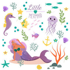 Cute set Little mermaid and underwater world. Fairytale princess mermaid and seahorse, fish, jellyfish. Under water in the sea mythical marine collection.
