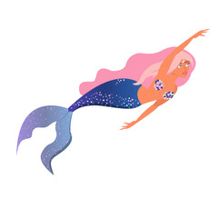 Beautiful little mermaid with pink hair and blue tail. Siren. Sea theme. Isolated on white background. Vector illustration.