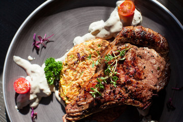 loin of calf on zucchini salad with Roquefort sauce