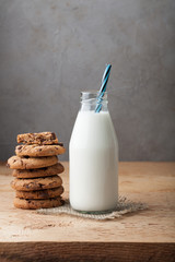 Bottle with milk and chocolate chip cookies on dark background with copy space