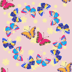 Fototapeta na wymiar Seamless background of colorful embroidered butterflies on light background, vector illustration