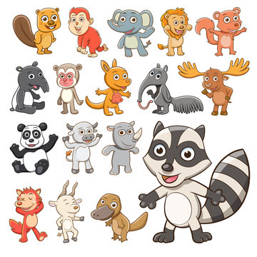Big vector set of animals. Collection of cute animals in cartoon style.