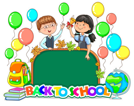 Back to school bright sign School board blank Cute children with balloons