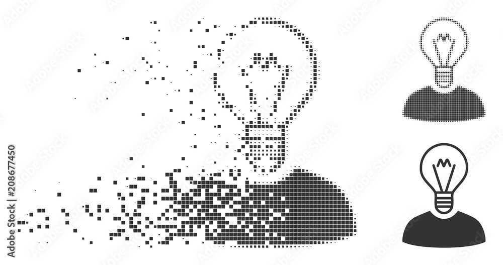 Poster grey vector bulb inventor icon in fractured, dotted halftone and undamaged whole versions. rectangle