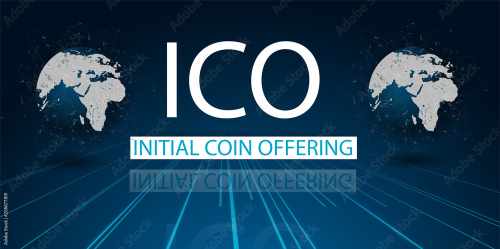 Aufkleber ICO initial coin offering futuristic hud background with world map and blockchain peer to peer network. Global cryptocurrency ICO coin sale event - blockchain business banner concept.