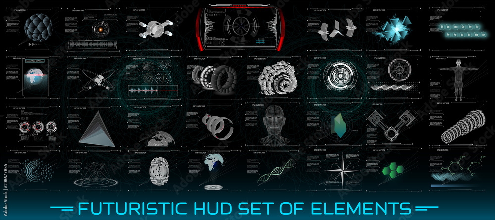 Poster Futuristic HUD set of elements.3D Set abstract HUD elements for UI UX design. Statistic and data, information infographic. Futuristic Sci-Fi user Interface for app Mechanical scheme HUD