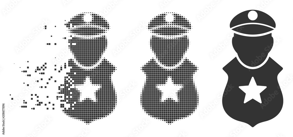 Poster grey vector guard man icon in dispersed, pixelated halftone and undamaged solid variants. rectangle 