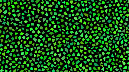 Abstract backdrop of small pieces of paper or splinters of ceramics in shades of green color on black background