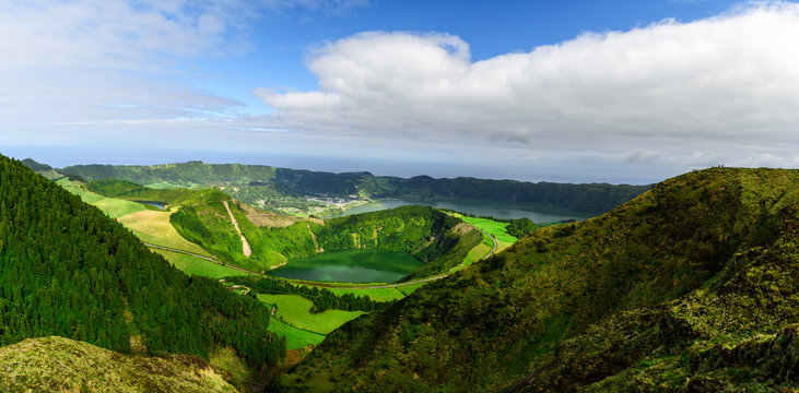 Azores, Portugal. Beautiful panoramic view on Sete Cidades lakes from the mountains on San Miguel Island