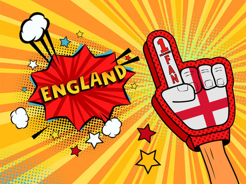 Male hand in the country flag glove of a sports fan raised up celebrating win and England speech bubble with stars and clouds. Vector colorful illustration in retro comic style